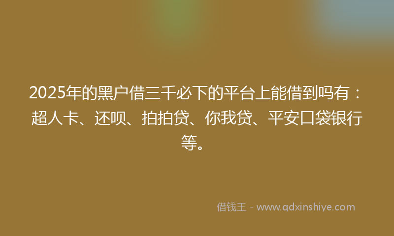 2025年的黑户借三千必下的平台上能借到吗有：超人卡、还呗、拍拍贷、你我贷、平安口袋银行等。