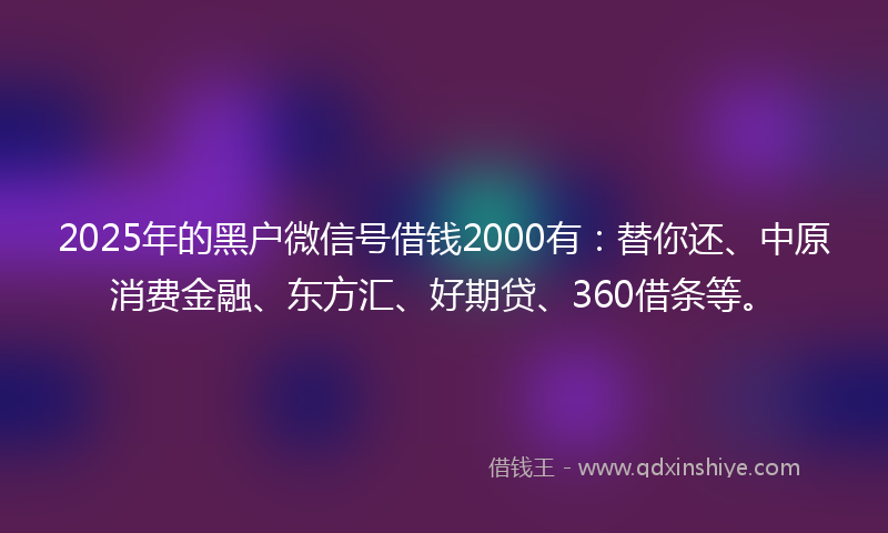 2025年的黑户微信号借钱2000有：替你还、中原消费金融、东方汇、好期贷、360借条等。