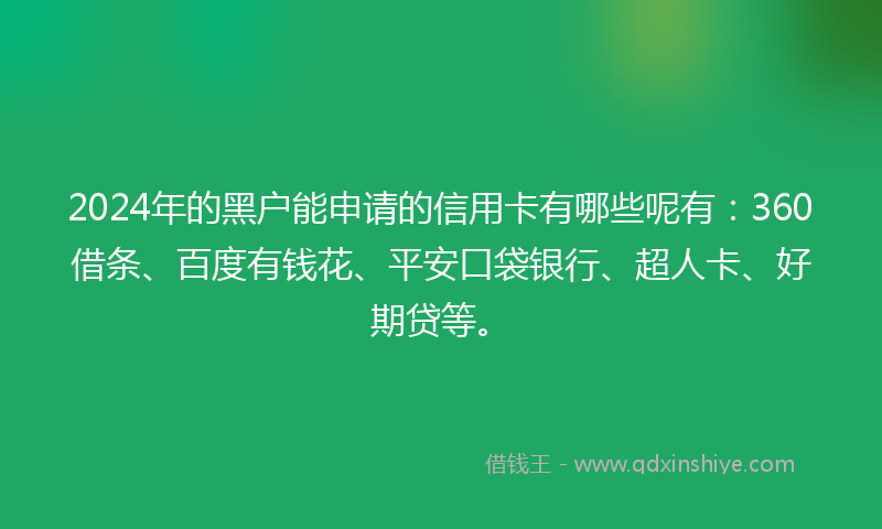 2024年的黑户能申请的信用卡有哪些呢有：360借条、百度有钱花、平安口袋银行、超人卡、好期贷等。