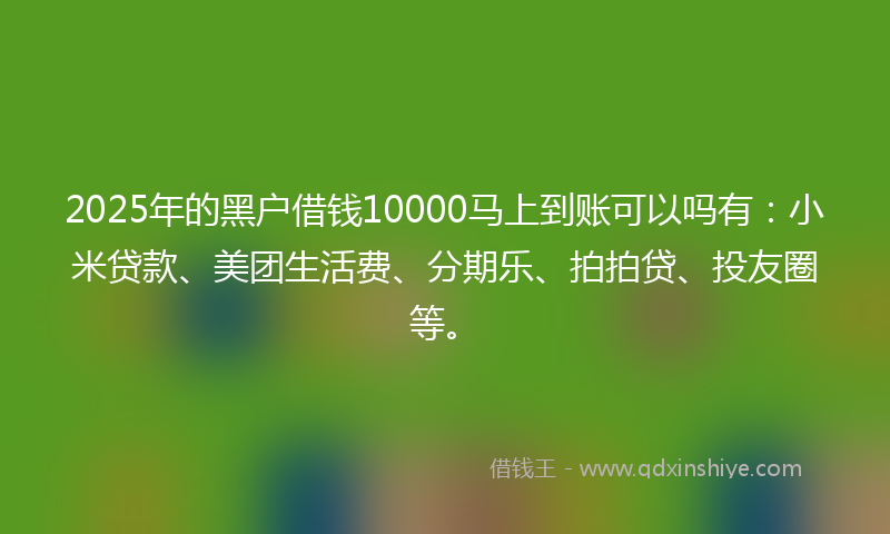 2025年的黑户借钱10000马上到账可以吗有：小米贷款、美团生活费、分期乐、拍拍贷、投友圈等。