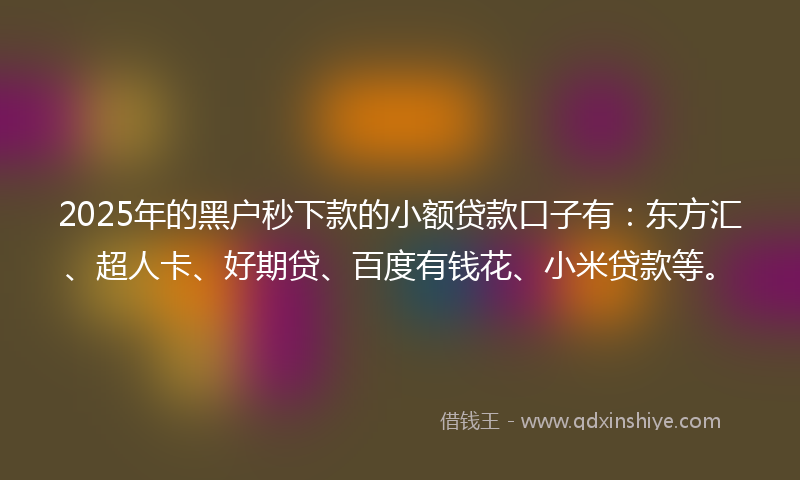 2025年的黑户秒下款的小额贷款口子有：东方汇、超人卡、好期贷、百度有钱花、小米贷款等。