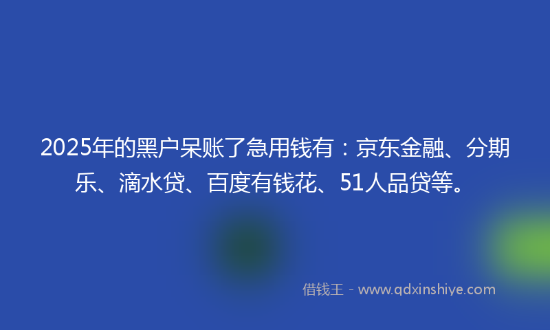 2025年的黑户呆账了急用钱有：京东金融、分期乐、滴水贷、百度有钱花、51人品贷等。
