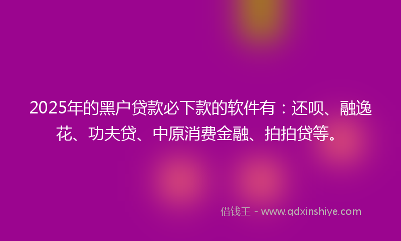2025年的黑户贷款必下款的软件有：还呗、融逸花、功夫贷、中原消费金融、拍拍贷等。