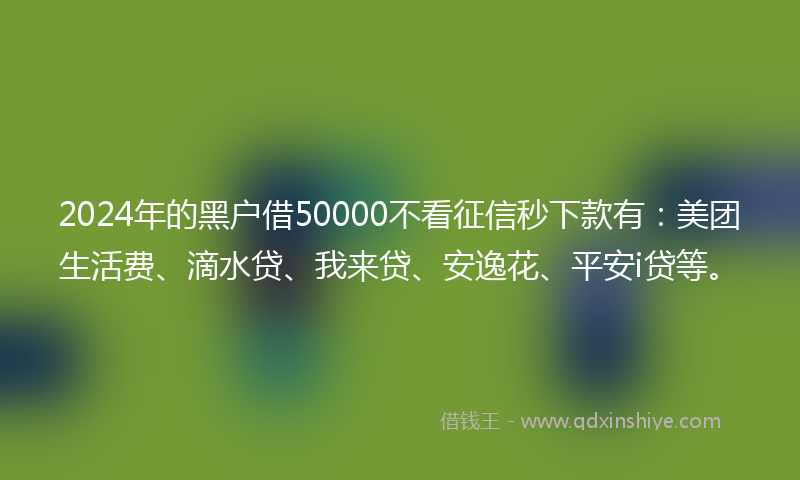 2024年的黑户借50000不看征信秒下款有：美团生活费、滴水贷、我来贷、安逸花、平安i贷等。