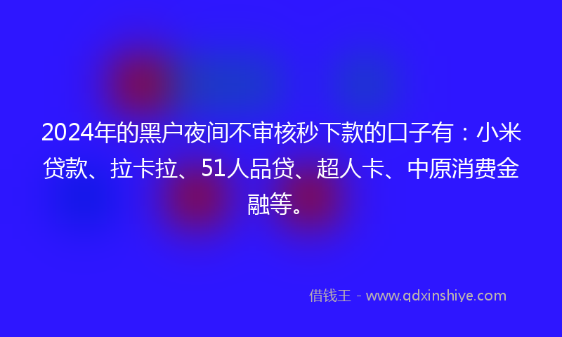 2024年的黑户夜间不审核秒下款的口子有：小米贷款、拉卡拉、51人品贷、超人卡、中原消费金融等。