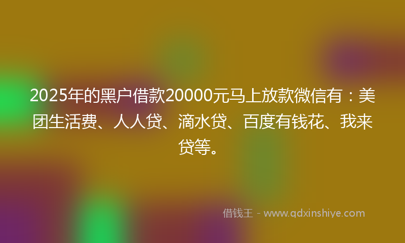 2025年的黑户借款20000元马上放款微信有：美团生活费、人人贷、滴水贷、百度有钱花、我来贷等。