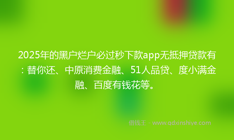 2025年的黑户烂户必过秒下款app无抵押贷款有：替你还、中原消费金融、51人品贷、度小满金融、百度有钱花等。