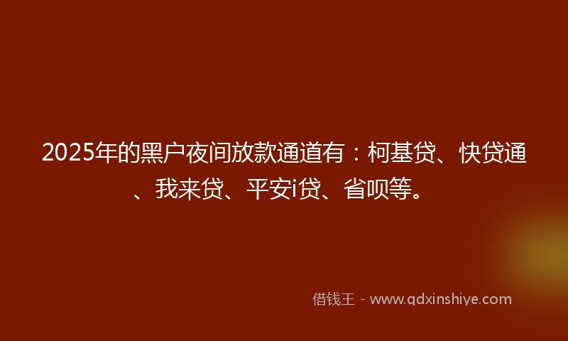 2025年的黑户夜间放款通道有：柯基贷、快贷通、我来贷、平安i贷、省呗等。