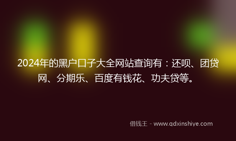 2024年的黑户口子大全网站查询有：还呗、团贷网、分期乐、百度有钱花、功夫贷等。