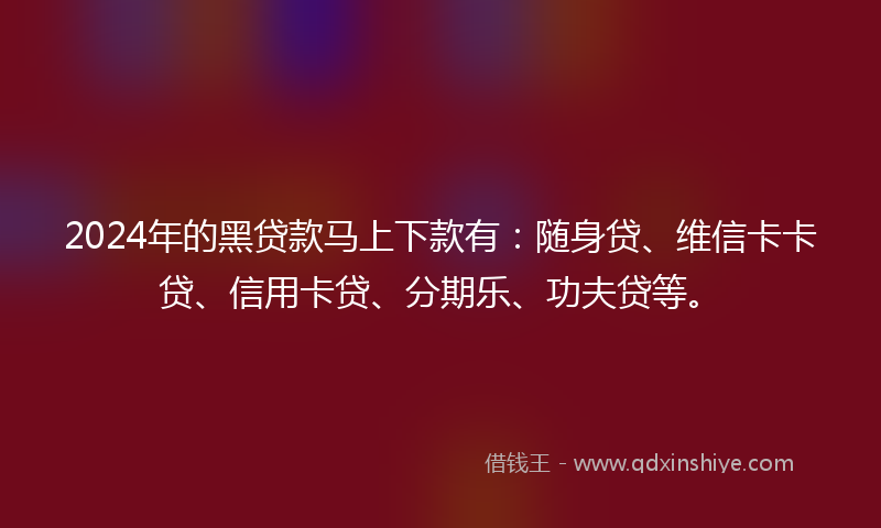 2024年的黑贷款马上下款有：随身贷、维信卡卡贷、信用卡贷、分期乐、功夫贷等。