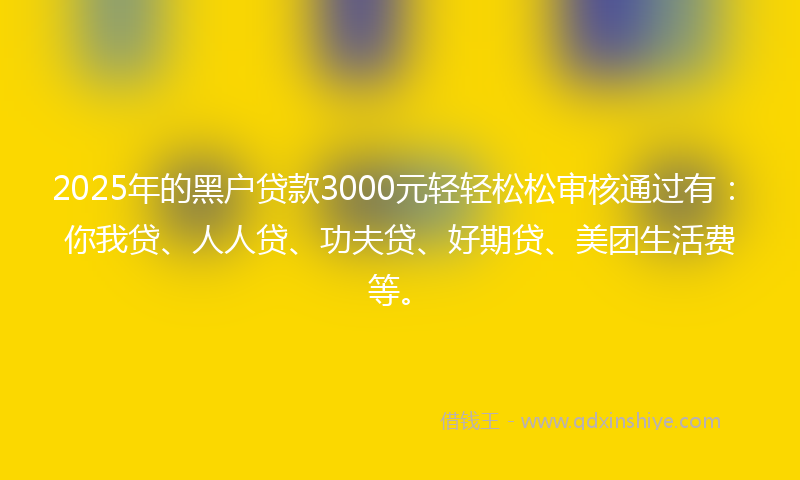 2025年的黑户贷款3000元轻轻松松审核通过有：你我贷、人人贷、功夫贷、好期贷、美团生活费等。