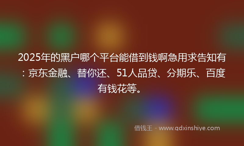 2025年的黑户哪个平台能借到钱啊急用求告知有：京东金融、替你还、51人品贷、分期乐、百度有钱花等。