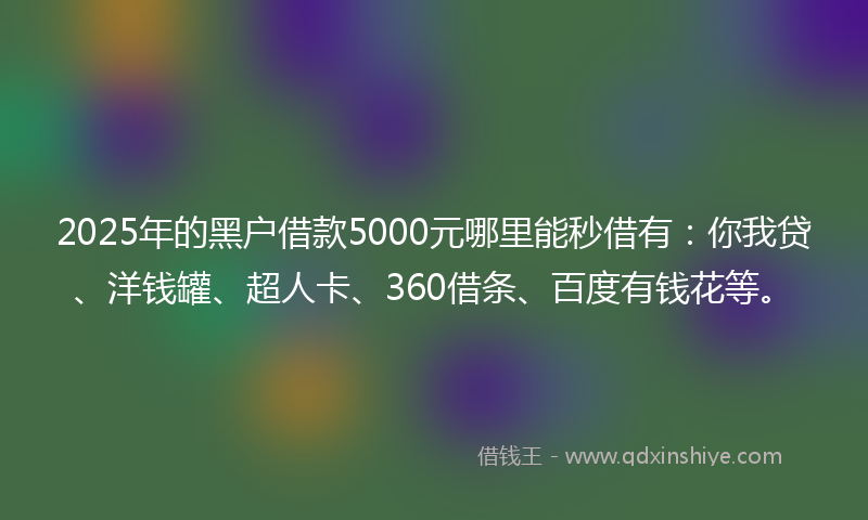 2025年的黑户借款5000元哪里能秒借有：你我贷、洋钱罐、超人卡、360借条、百度有钱花等。