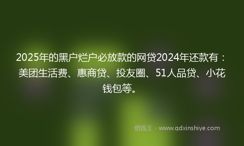 2025年的黑户烂户必放款的网贷2024年还款有：美团生活费、惠商贷、投友圈、51人品贷、小花钱包等。