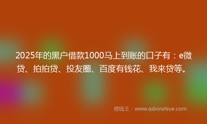 2025年的黑户借款1000马上到账的口子有：e微贷、拍拍贷、投友圈、百度有钱花、我来贷等。