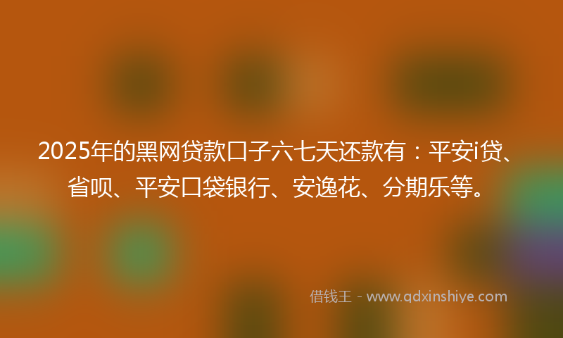 2025年的黑网贷款口子六七天还款有：平安i贷、省呗、平安口袋银行、安逸花、分期乐等。