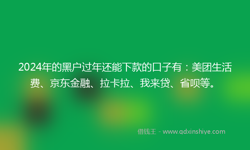 2024年的黑户过年还能下款的口子有：美团生活费、京东金融、拉卡拉、我来贷、省呗等。
