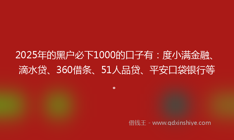 2025年的黑户必下1000的口子有：度小满金融、滴水贷、360借条、51人品贷、平安口袋银行等。