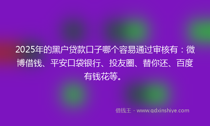 2025年的黑户贷款口子哪个容易通过审核有：微博借钱、平安口袋银行、投友圈、替你还、百度有钱花等。