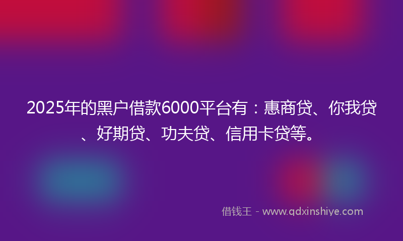 2025年的黑户借款6000平台有：惠商贷、你我贷、好期贷、功夫贷、信用卡贷等。