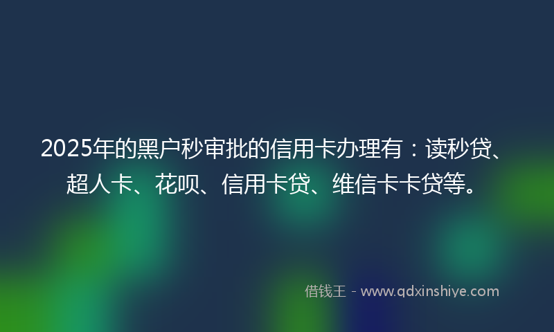 2025年的黑户秒审批的信用卡办理有：读秒贷、超人卡、花呗、信用卡贷、维信卡卡贷等。