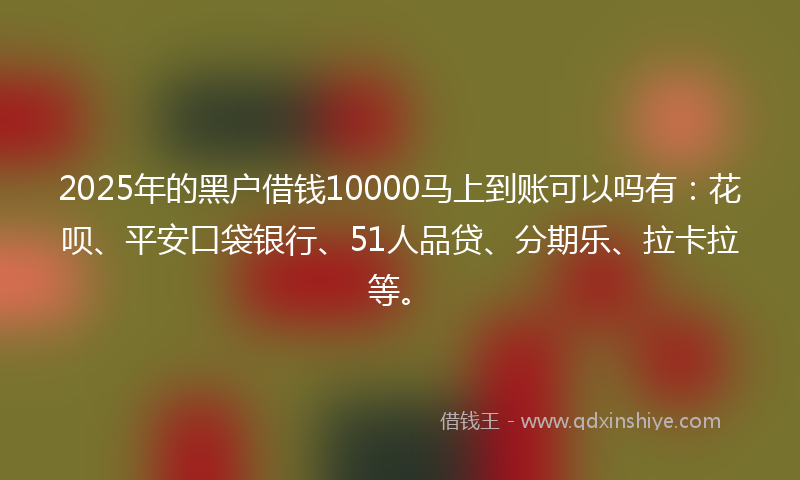 2025年的黑户借钱10000马上到账可以吗有：花呗、平安口袋银行、51人品贷、分期乐、拉卡拉等。