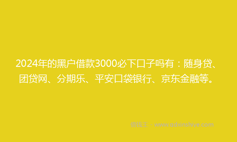 2024年的黑户借款3000必下口子吗有：随身贷、团贷网、分期乐、平安口袋银行、京东金融等。