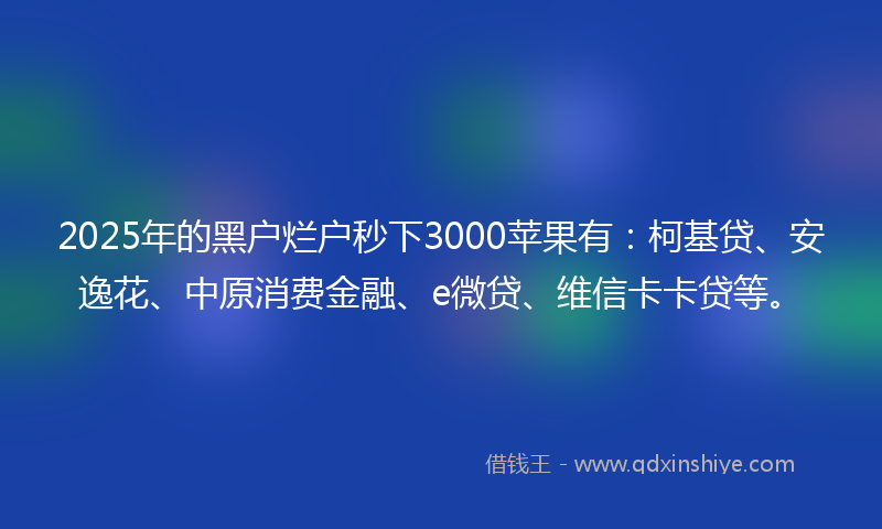 2025年的黑户烂户秒下3000苹果有：柯基贷、安逸花、中原消费金融、e微贷、维信卡卡贷等。