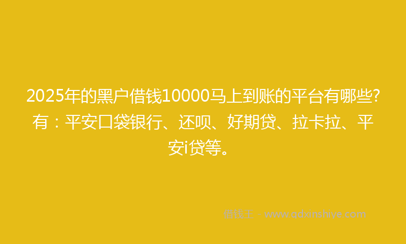 2025年的黑户借钱10000马上到账的平台有哪些?有：平安口袋银行、还呗、好期贷、拉卡拉、平安i贷等。