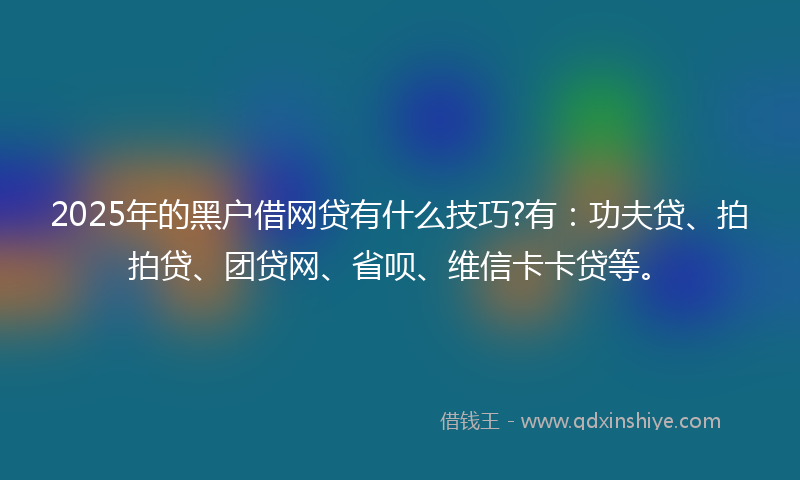 2025年的黑户借网贷有什么技巧?有：功夫贷、拍拍贷、团贷网、省呗、维信卡卡贷等。