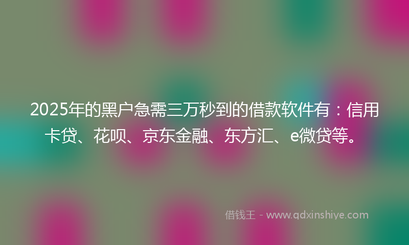 2025年的黑户急需三万秒到的借款软件有：信用卡贷、花呗、京东金融、东方汇、e微贷等。