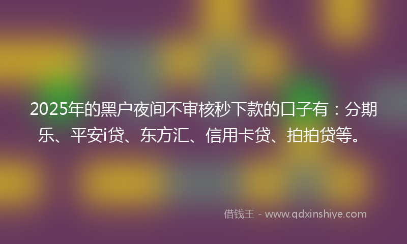 2025年的黑户夜间不审核秒下款的口子有：分期乐、平安i贷、东方汇、信用卡贷、拍拍贷等。