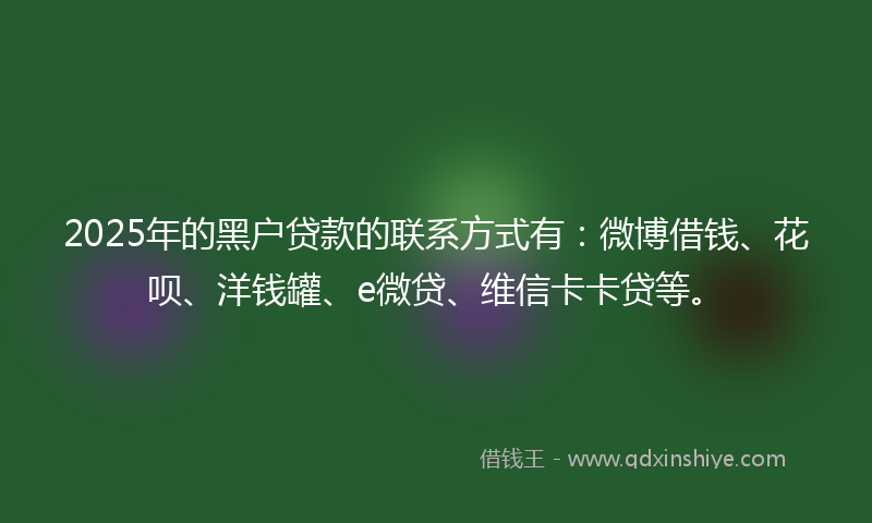 2025年的黑户贷款的联系方式有：微博借钱、花呗、洋钱罐、e微贷、维信卡卡贷等。