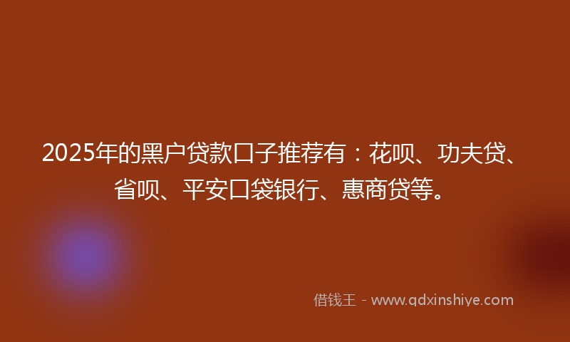 2025年的黑户贷款口子推荐有：花呗、功夫贷、省呗、平安口袋银行、惠商贷等。
