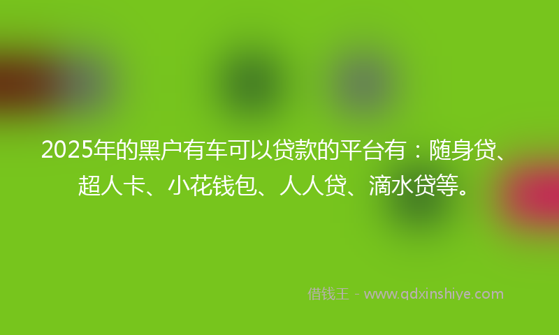 2025年的黑户有车可以贷款的平台有：随身贷、超人卡、小花钱包、人人贷、滴水贷等。
