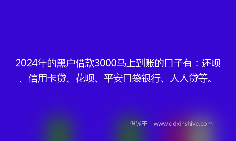 2024年的黑户借款3000马上到账的口子有：还呗、信用卡贷、花呗、平安口袋银行、人人贷等。