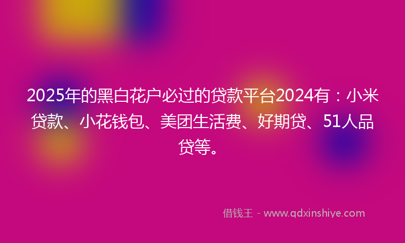 2025年的黑白花户必过的贷款平台2024有：小米贷款、小花钱包、美团生活费、好期贷、51人品贷等。