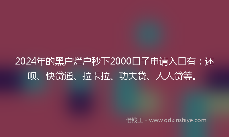 2024年的黑户烂户秒下2000口子申请入口有：还呗、快贷通、拉卡拉、功夫贷、人人贷等。