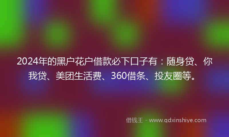 2024年的黑户花户借款必下口子有：随身贷、你我贷、美团生活费、360借条、投友圈等。