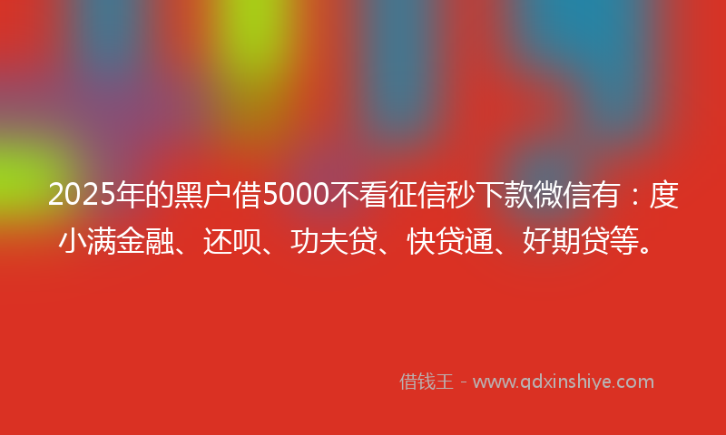 2025年的黑户借5000不看征信秒下款微信有：度小满金融、还呗、功夫贷、快贷通、好期贷等。