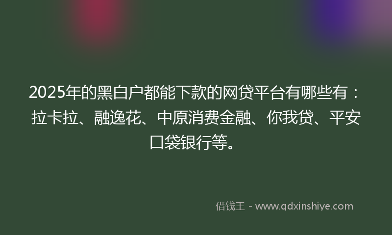 2025年的黑白户都能下款的网贷平台有哪些有：拉卡拉、融逸花、中原消费金融、你我贷、平安口袋银行等。