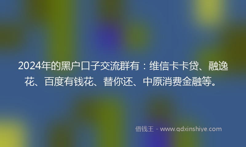 2024年的黑户口子交流群有：维信卡卡贷、融逸花、百度有钱花、替你还、中原消费金融等。