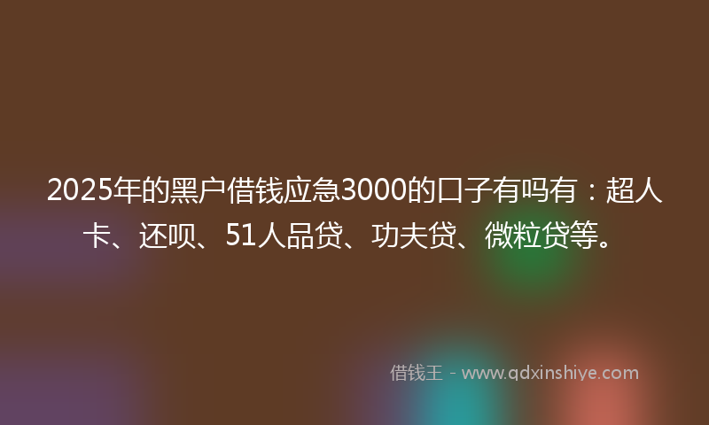 2025年的黑户借钱应急3000的口子有吗有：超人卡、还呗、51人品贷、功夫贷、微粒贷等。