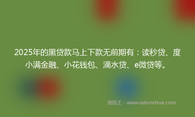 2025年的黑贷款马上下款无前期有：读秒贷、度小满金融、小花钱包、滴水贷、e微贷等。