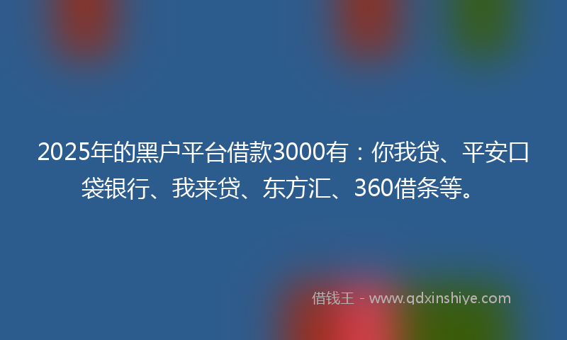 2025年的黑户平台借款3000有：你我贷、平安口袋银行、我来贷、东方汇、360借条等。
