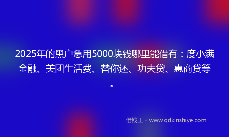 2025年的黑户急用5000块钱哪里能借有：度小满金融、美团生活费、替你还、功夫贷、惠商贷等。