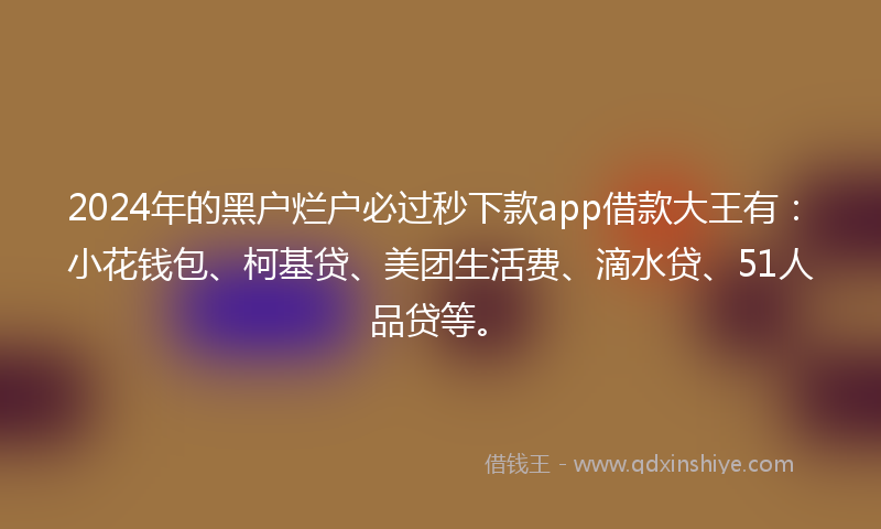 2024年的黑户烂户必过秒下款app借款大王有：小花钱包、柯基贷、美团生活费、滴水贷、51人品贷等。