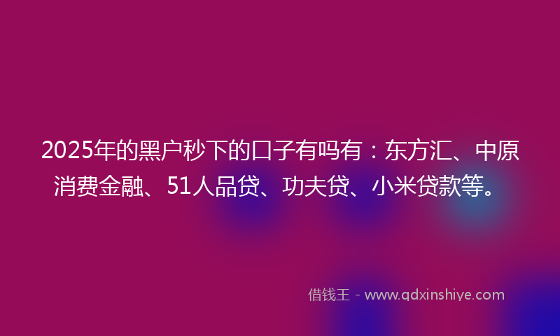 2025年的黑户秒下的口子有吗有：东方汇、中原消费金融、51人品贷、功夫贷、小米贷款等。