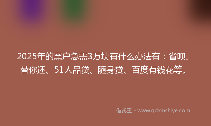 2025年的黑户急需3万块有什么办法有：省呗、替你还、51人品贷、随身贷、百度有钱花等。