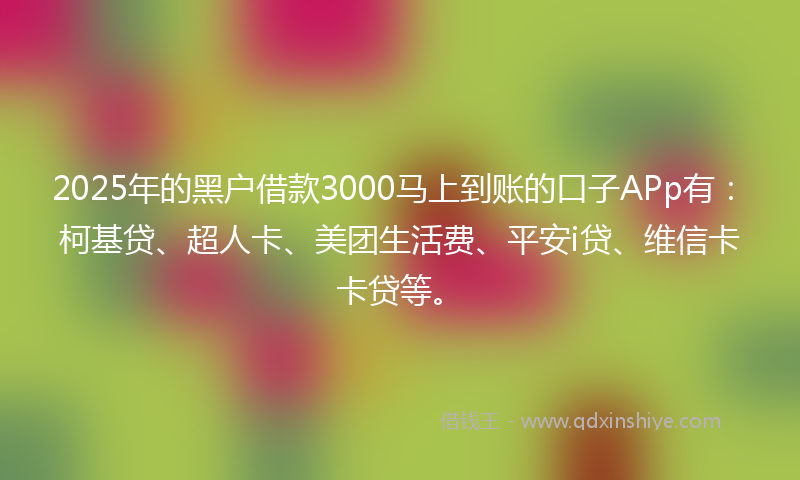 2025年的黑户借款3000马上到账的口子APp有：柯基贷、超人卡、美团生活费、平安i贷、维信卡卡贷等。